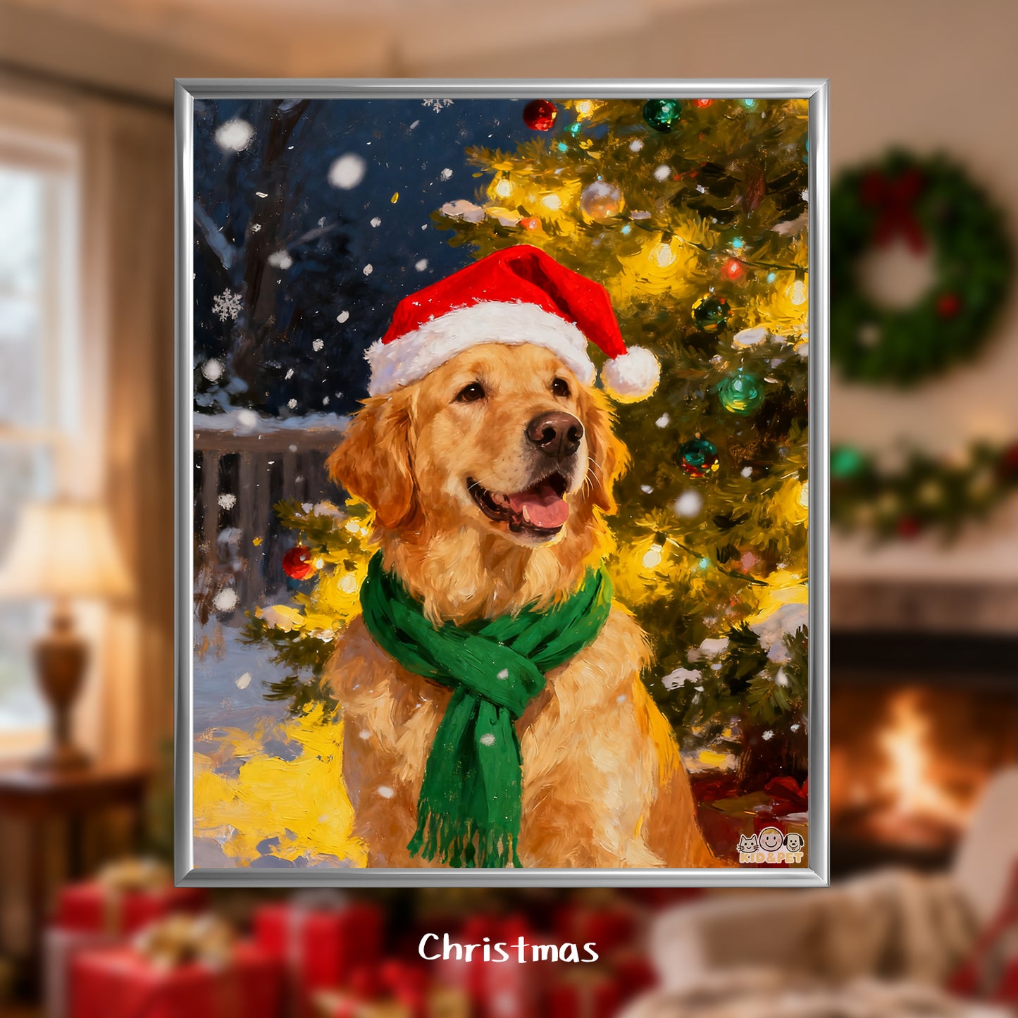 Christmas Art Print - Santa Hat Dog Holiday Decor - Festive Wall Painting - Golden Retriever