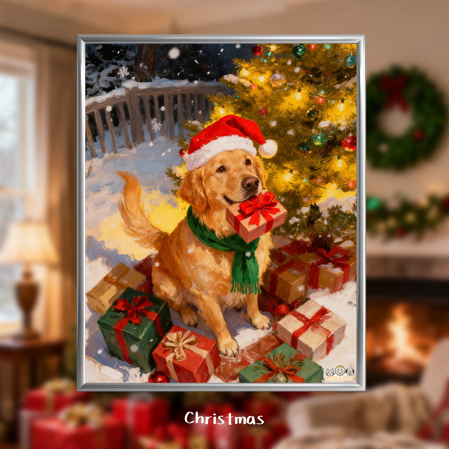 Christmas Art Print - Santa Hat Dog Holiday Decor - Festive Wall Painting - Golden Retriever