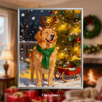 Christmas Art Print - Santa Hat Dog Holiday Decor - Festive Wall Painting - Golden Retriever