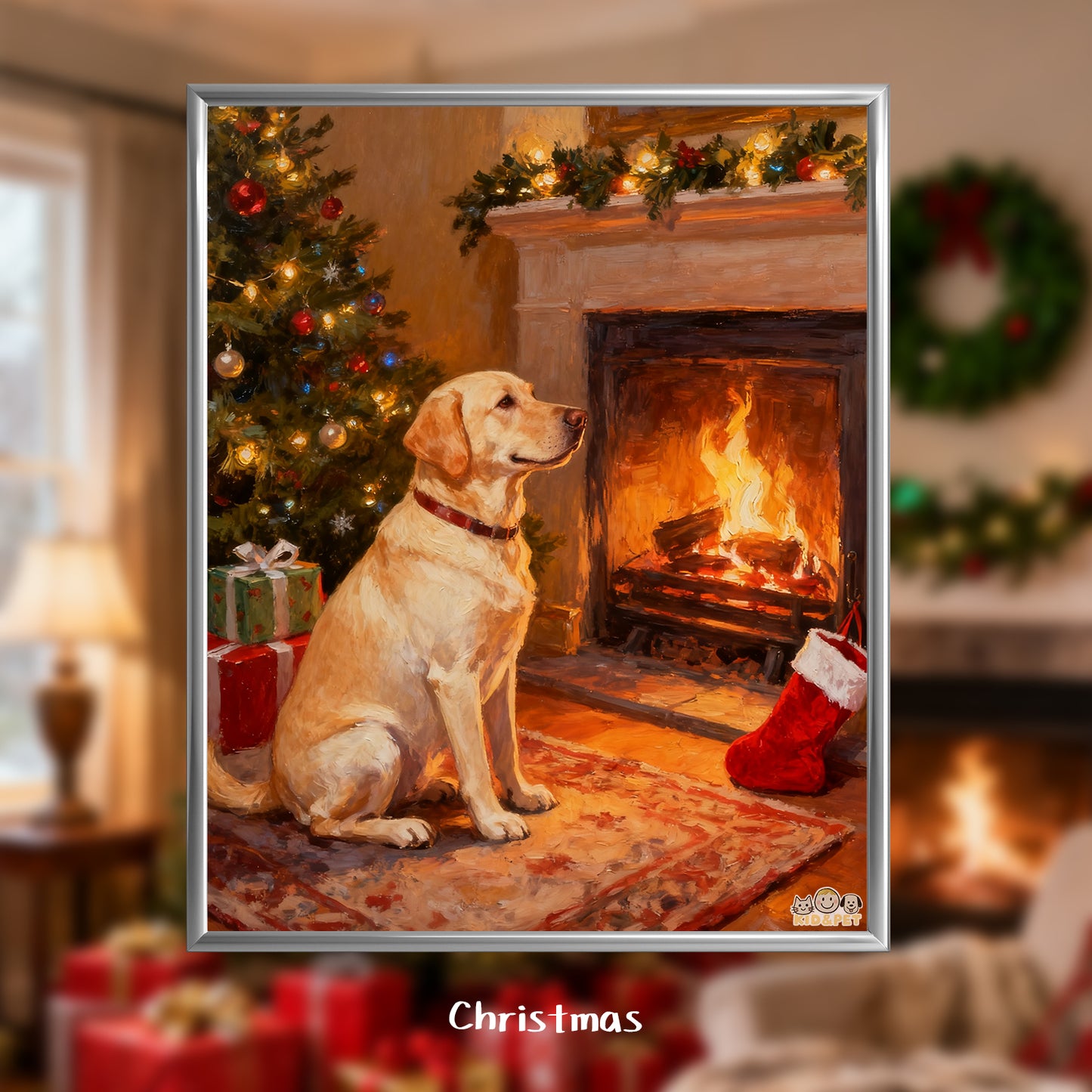 Christmas Art Print - Santa Hat Dog Holiday Decor - Festive Wall Painting - Golden Retriever