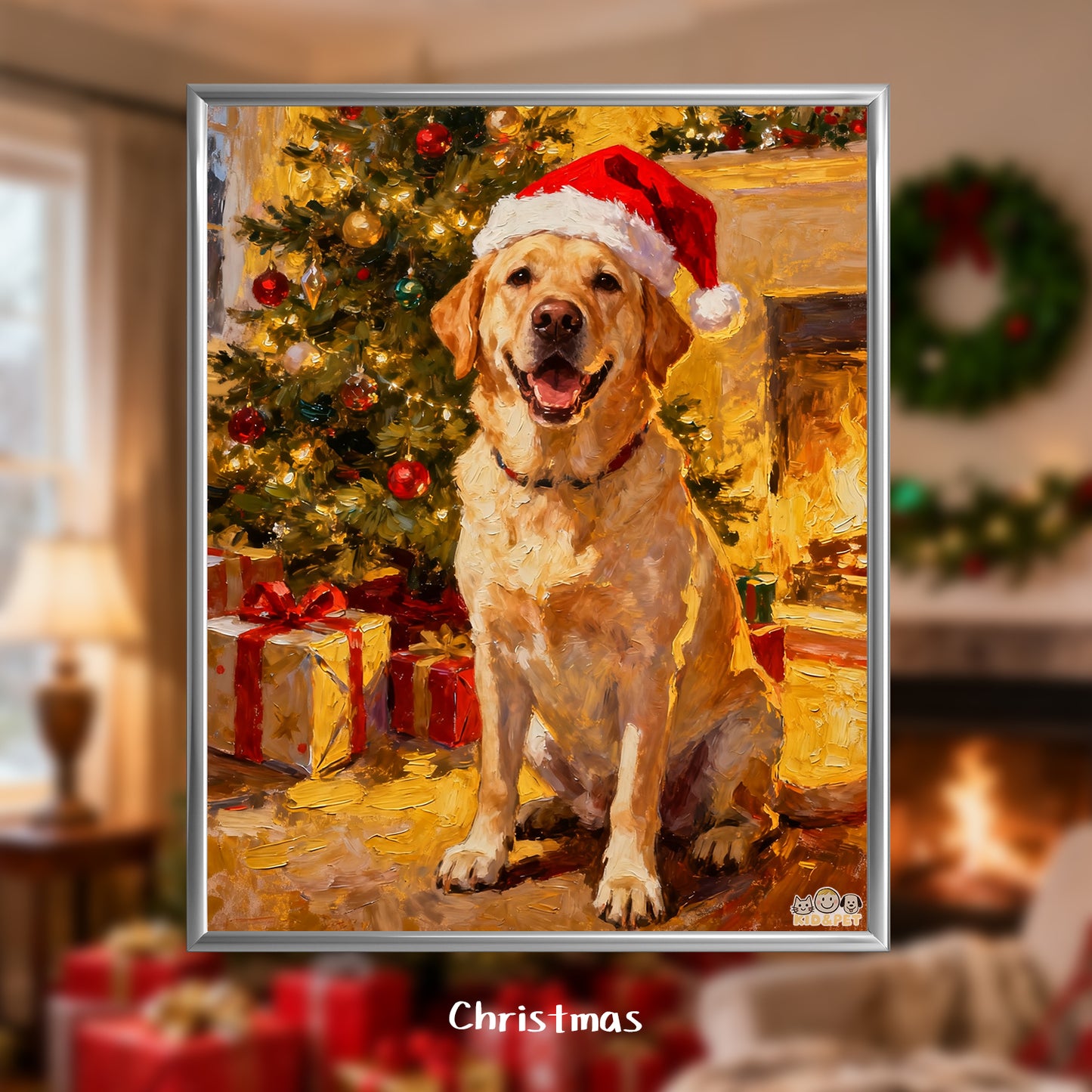 Christmas Art Print - Santa Hat Dog Holiday Decor - Festive Wall Painting - Golden Retriever