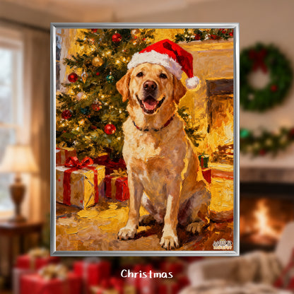 Christmas Art Print - Santa Hat Dog Holiday Decor - Festive Wall Painting - Golden Retriever
