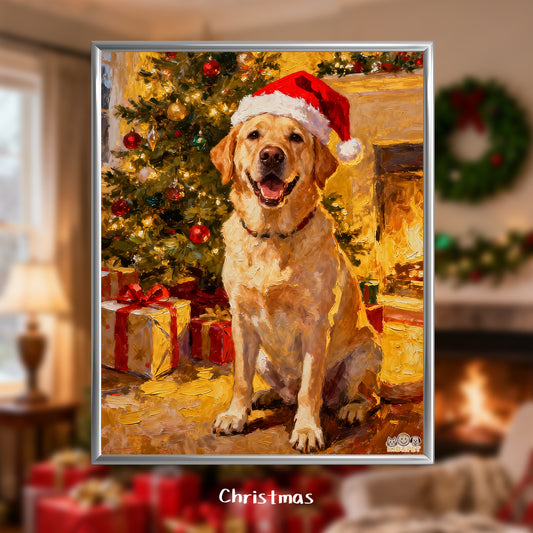 Christmas Art Print - Santa Hat Dog Holiday Decor - Festive Wall Painting - Golden Retriever