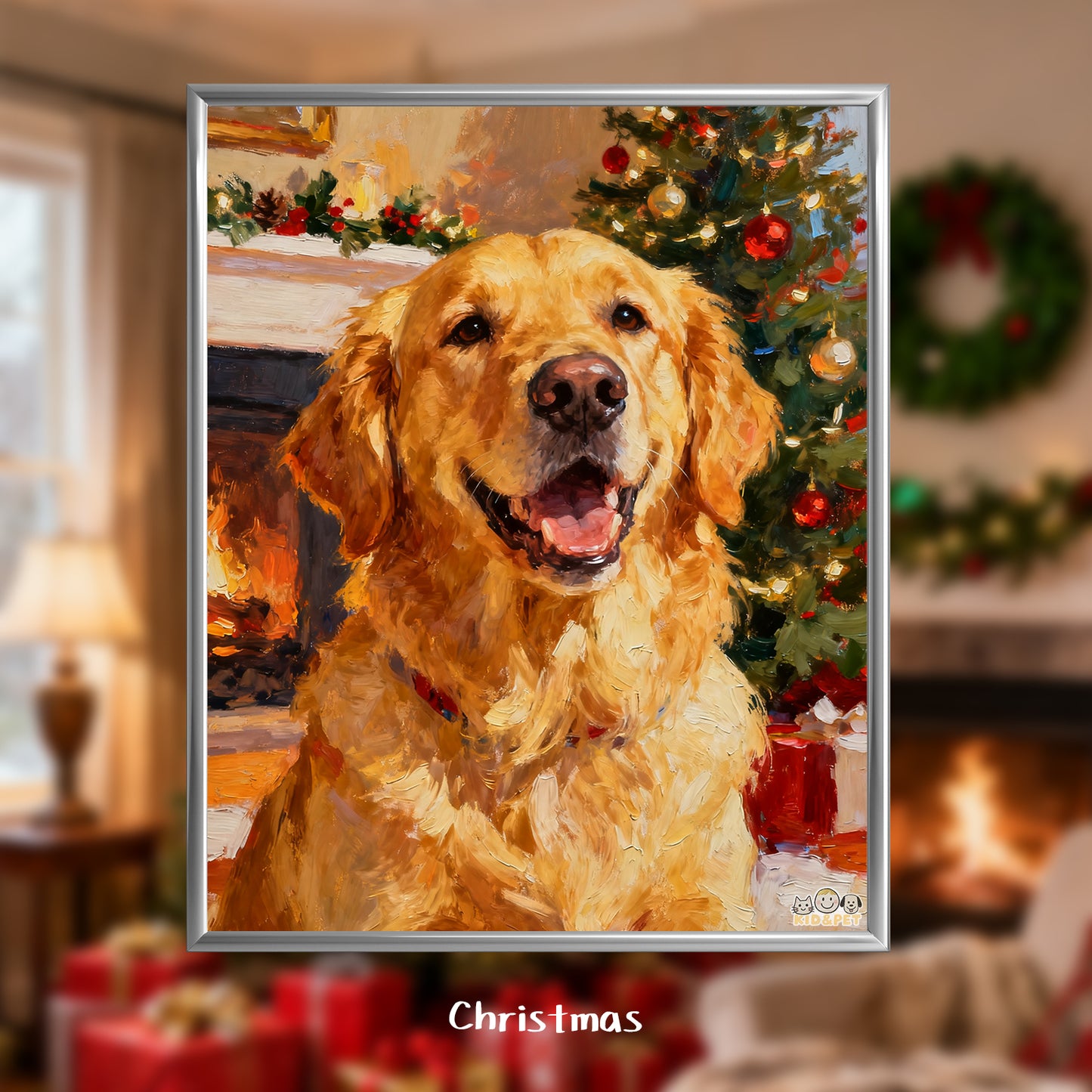Christmas Art Print - Santa Hat Dog Holiday Decor - Festive Wall Painting - Golden Retriever