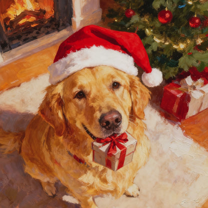 Christmas Art Print - Santa Hat Dog Holiday Decor - Festive Wall Painting - Golden Retriever