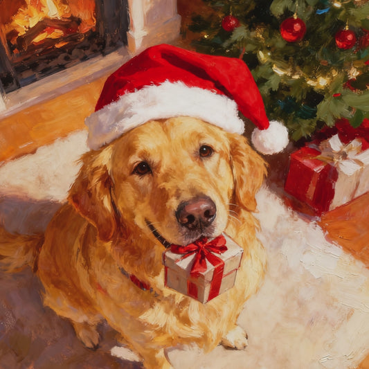 Christmas Art Print - Santa Hat Dog Holiday Decor - Festive Wall Painting - Golden Retriever