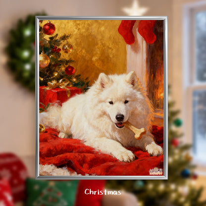 Christmas Art Print - Santa Hat Dog Holiday Decor - Festive Wall Painting - Golden Retriever