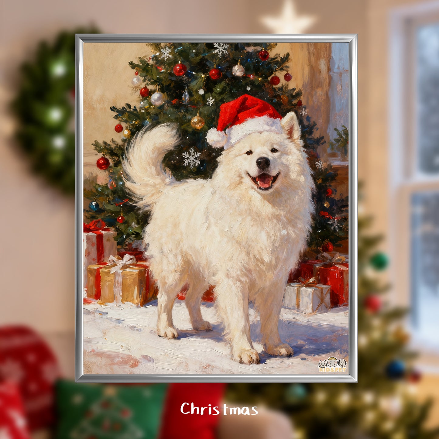Christmas Art Print - Santa Hat Dog Holiday Decor - Festive Wall Painting - Golden Retriever