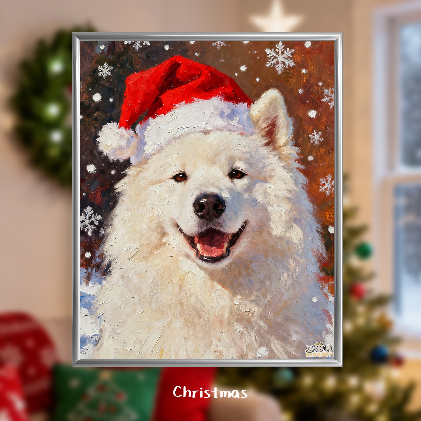 Christmas Art Print - Santa Hat Dog Holiday Decor - Festive Wall Painting - Golden Retriever