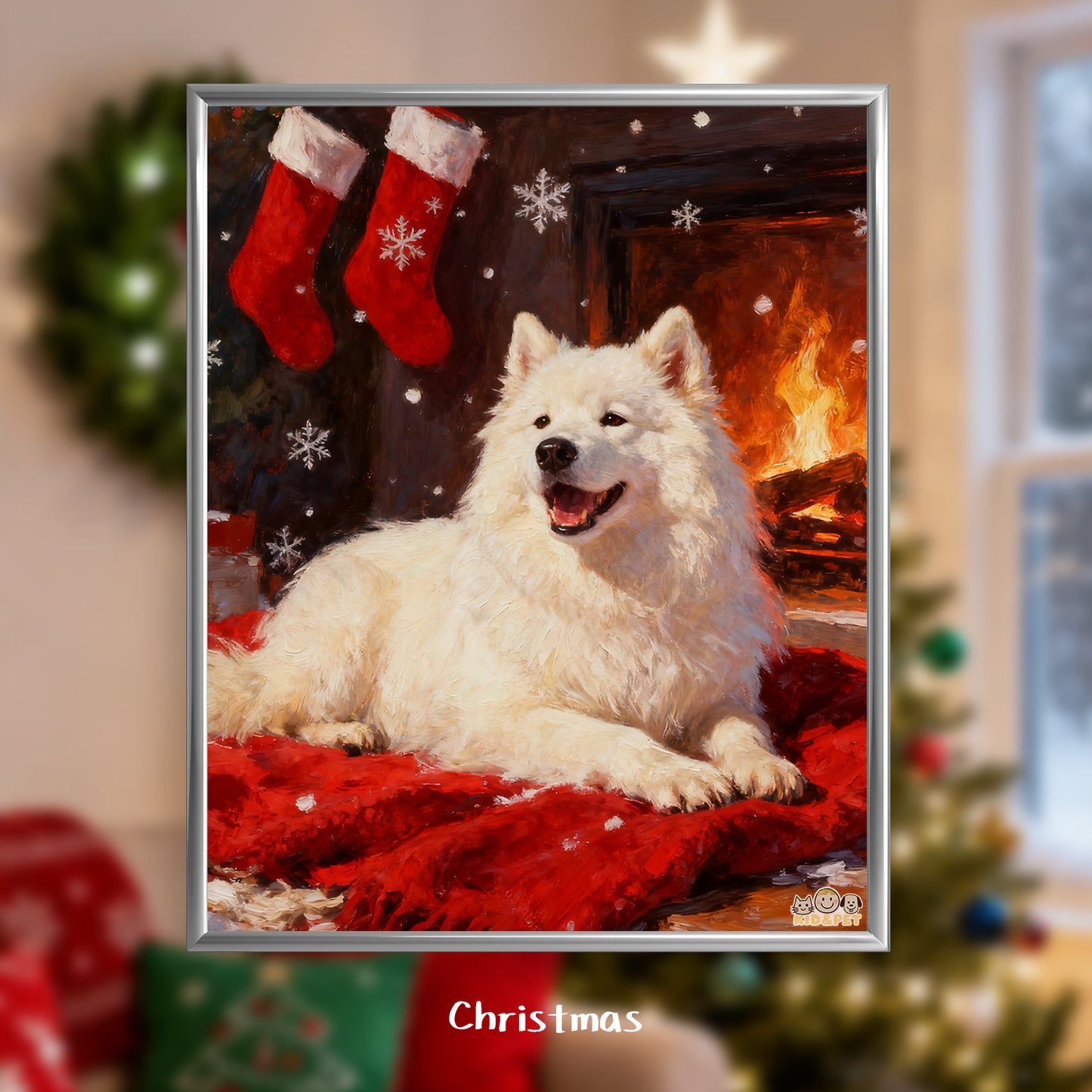 Christmas Art Print - Santa Hat Dog Holiday Decor - Festive Wall Painting - Golden Retriever